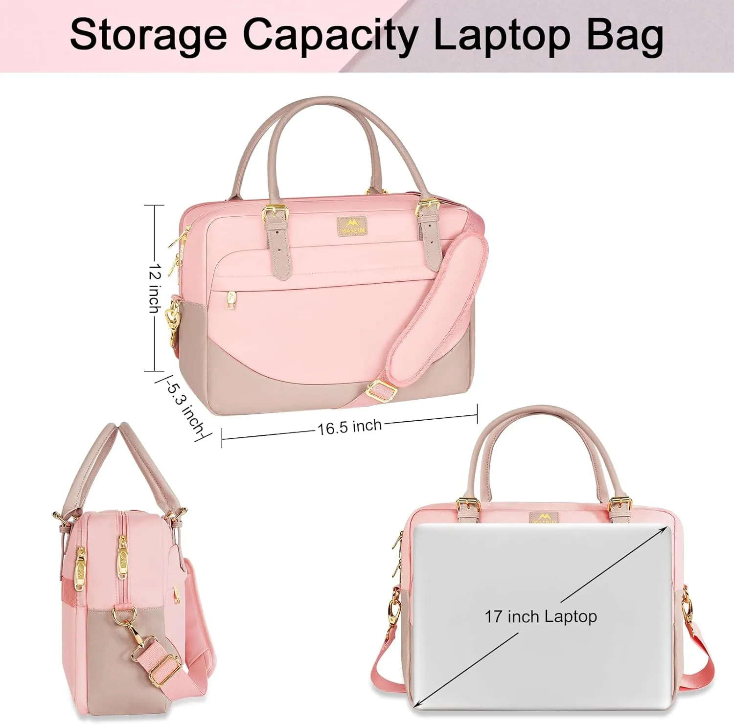 MATEIN 17 Inch Laptop Bag, Large Waterproof Laptop Carrying Case with Adjustable Handle, Cute Pink Briefcase Shoulder Messenger Bag Professional Work Computer Bag for Women Office College Travel, Pink