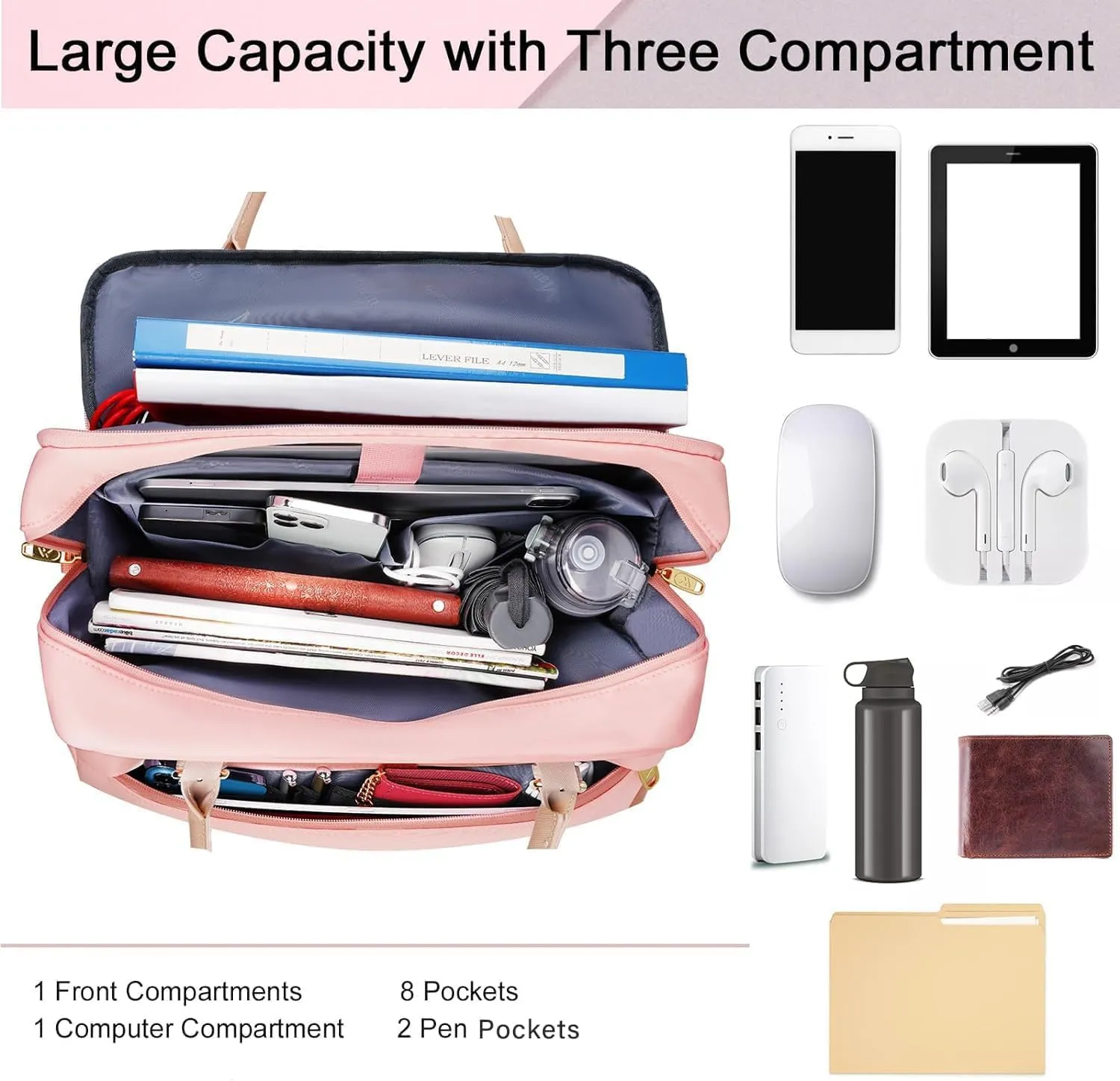 MATEIN 17 Inch Laptop Bag, Large Waterproof Laptop Carrying Case with Adjustable Handle, Cute Pink Briefcase Shoulder Messenger Bag Professional Work Computer Bag for Women Office College Travel, Pink