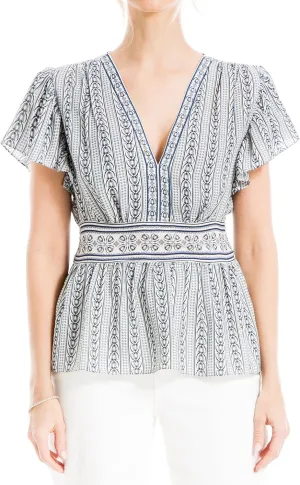 Max Studio Women's Crepe V-Neck Flutter Sleeve Peplum Blouse