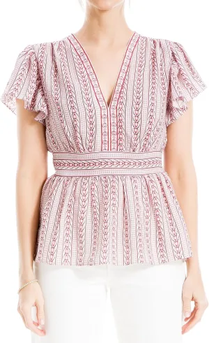 Max Studio Women's Crepe V-Neck Flutter Sleeve Peplum Blouse
