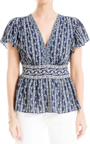 Max Studio Women's Crepe V-Neck Flutter Sleeve Peplum Blouse
