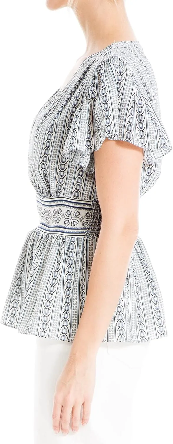Max Studio Women's Crepe V-Neck Flutter Sleeve Peplum Blouse