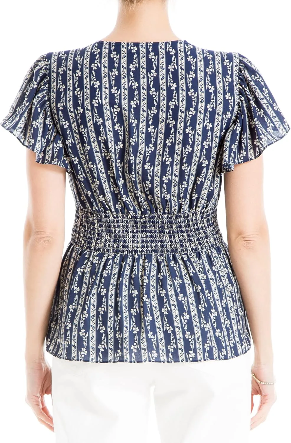Max Studio Women's Crepe V-Neck Flutter Sleeve Peplum Blouse