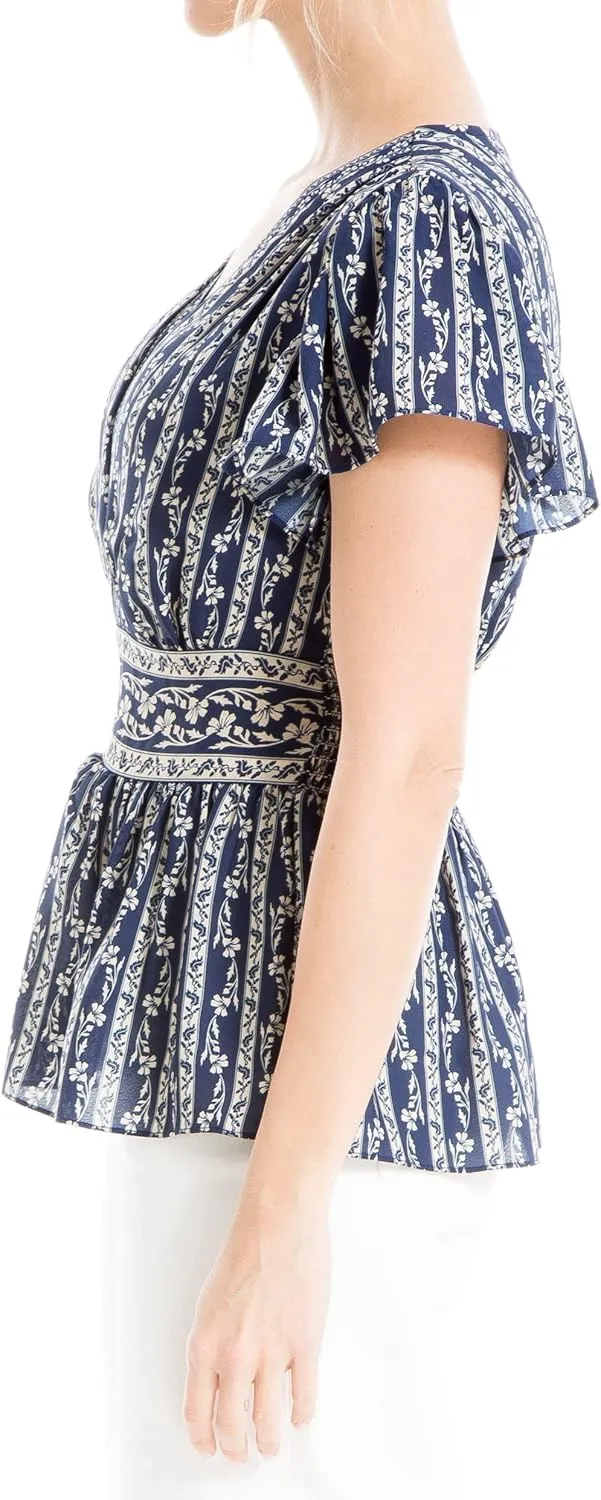 Max Studio Women's Crepe V-Neck Flutter Sleeve Peplum Blouse