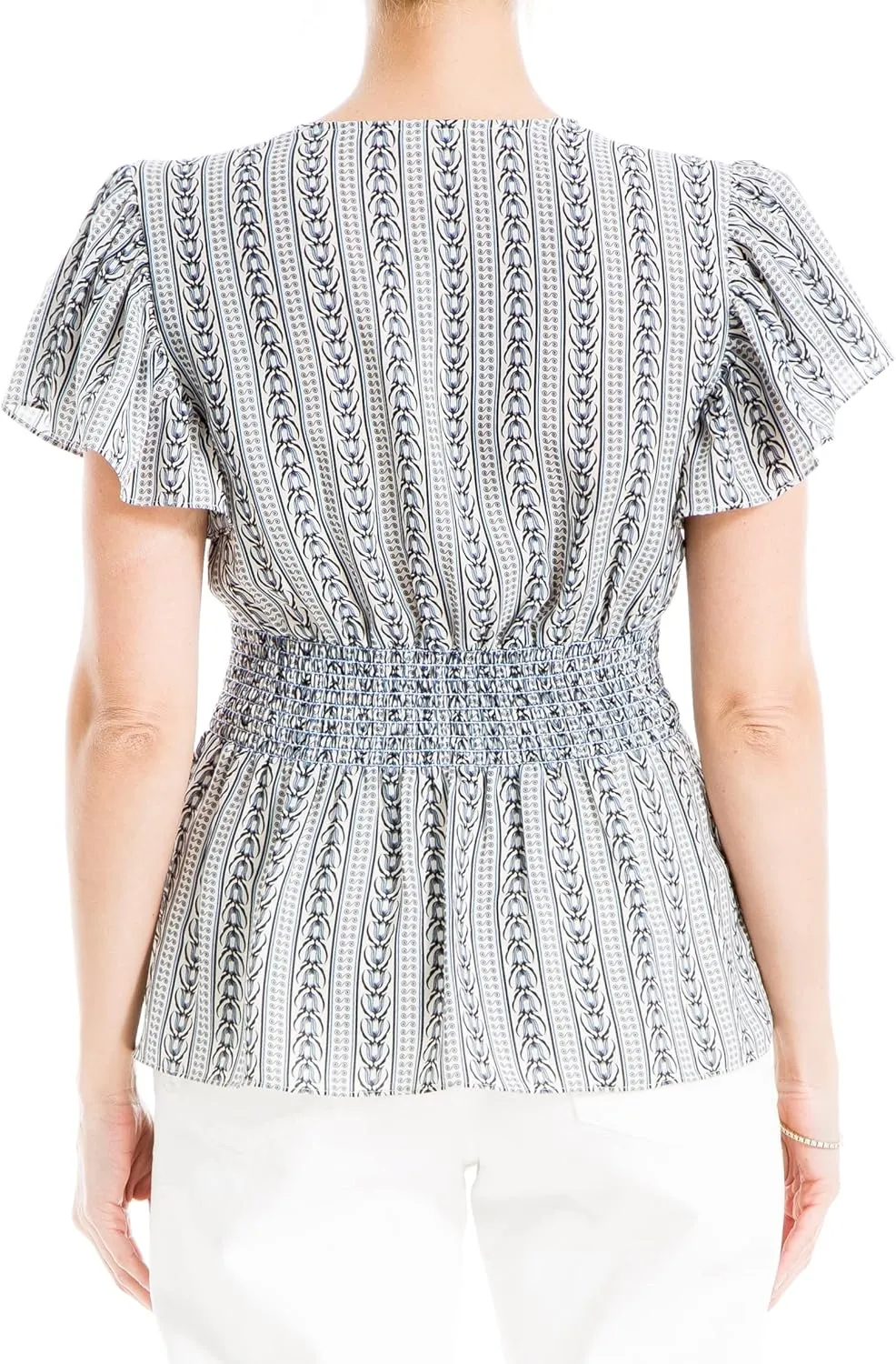 Max Studio Women's Crepe V-Neck Flutter Sleeve Peplum Blouse