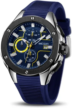 MEGIR Men's Sports Analogue Army Military Chronograph Luminous Quartz Watch with Stylish Blue Silicone Strap for Gifts (2053 Blue)
