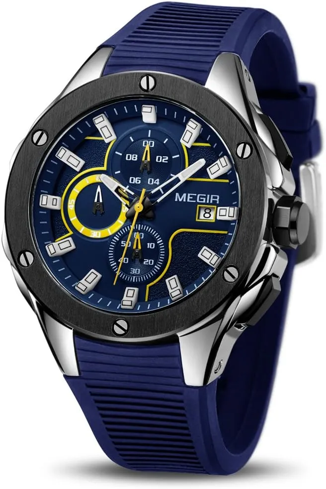 MEGIR Men's Sports Analogue Army Military Chronograph Luminous Quartz Watch with Stylish Blue Silicone Strap for Gifts (2053 Blue)