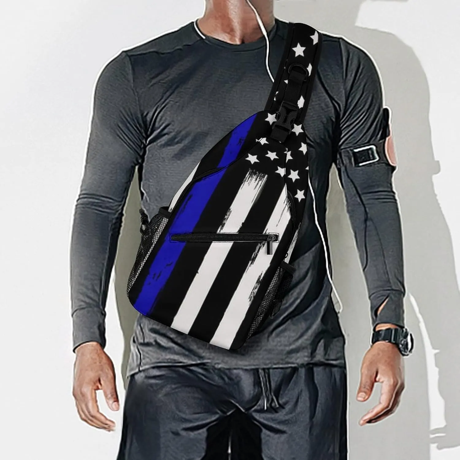 Men & Women Sling Backpack Casual Carrying Tote Case Crossbody Travel Bag - Multipurpose Anti-Theft Bookbag, American Thin Blue Line Flag Police Pattern Black Breathable Crossbody Shoulder Bag