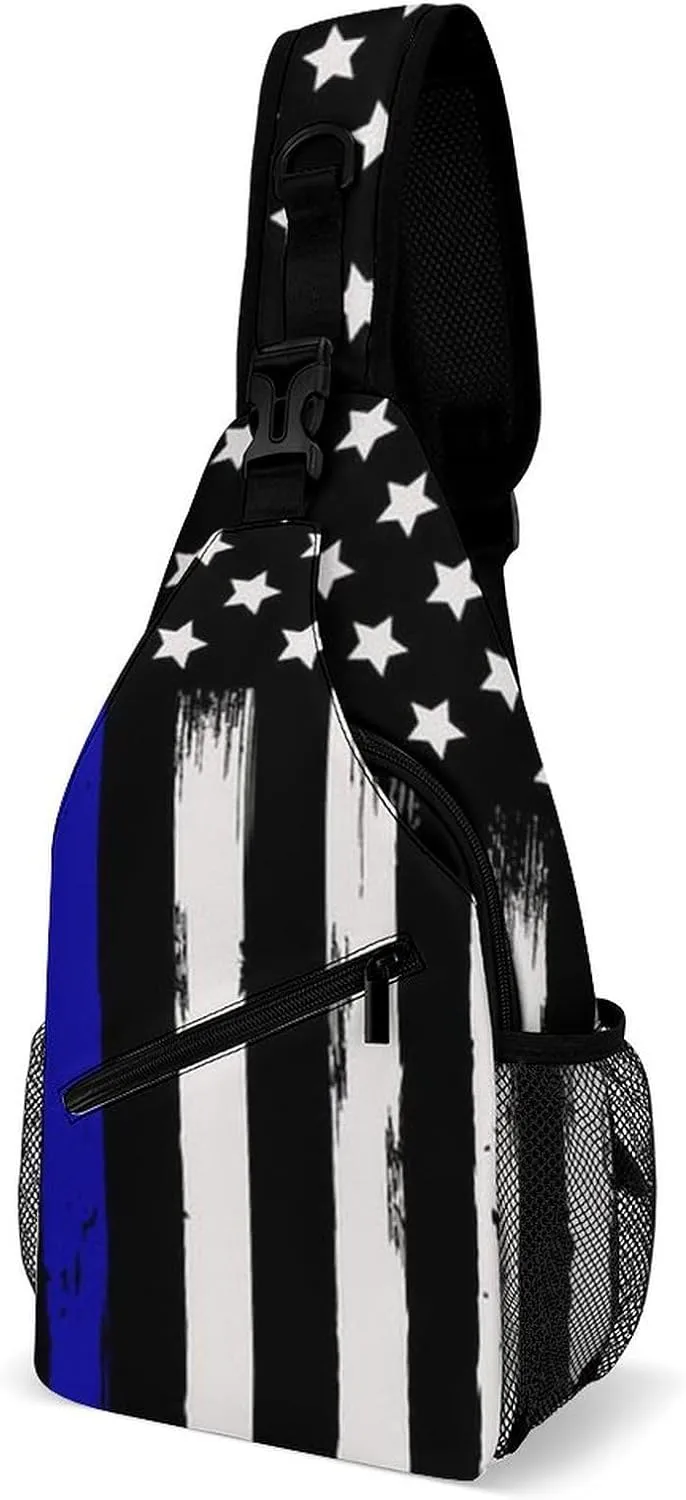 Men & Women Sling Backpack Casual Carrying Tote Case Crossbody Travel Bag - Multipurpose Anti-Theft Bookbag, American Thin Blue Line Flag Police Pattern Black Breathable Crossbody Shoulder Bag