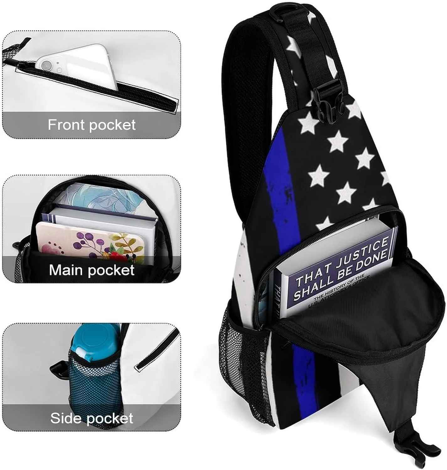 Men & Women Sling Backpack Casual Carrying Tote Case Crossbody Travel Bag - Multipurpose Anti-Theft Bookbag, American Thin Blue Line Flag Police Pattern Black Breathable Crossbody Shoulder Bag
