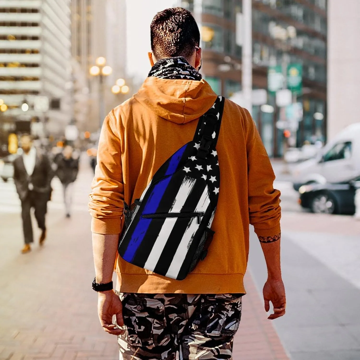 Men & Women Sling Backpack Casual Carrying Tote Case Crossbody Travel Bag - Multipurpose Anti-Theft Bookbag, American Thin Blue Line Flag Police Pattern Black Breathable Crossbody Shoulder Bag