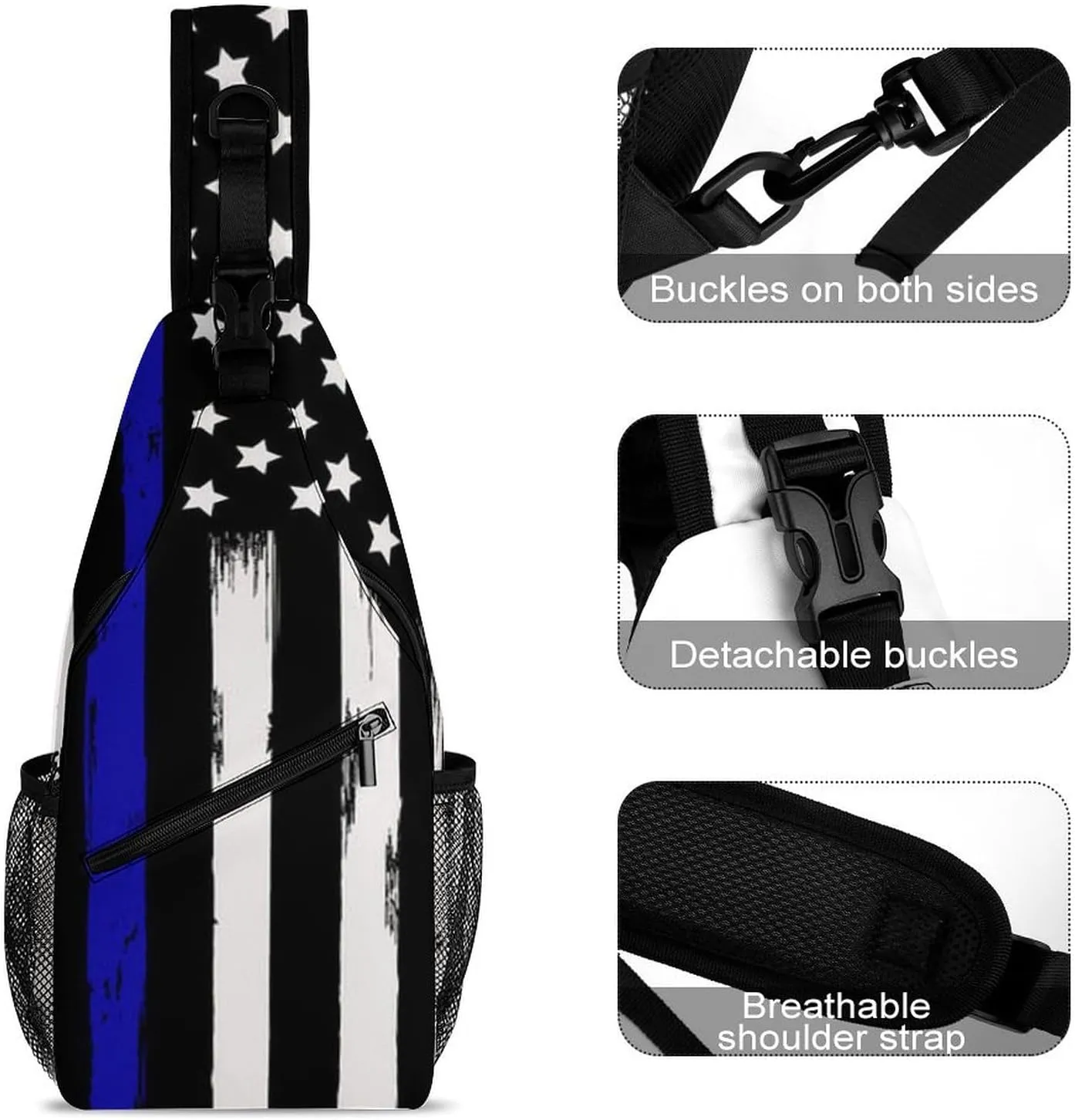 Men & Women Sling Backpack Casual Carrying Tote Case Crossbody Travel Bag - Multipurpose Anti-Theft Bookbag, American Thin Blue Line Flag Police Pattern Black Breathable Crossbody Shoulder Bag