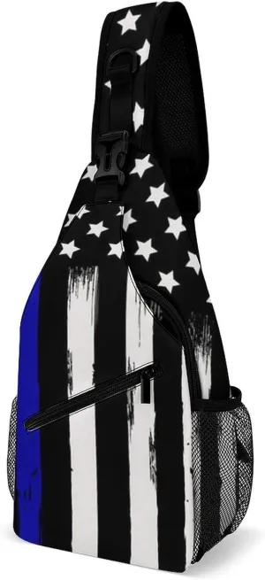 Men & Women Sling Backpack Casual Carrying Tote Case Crossbody Travel Bag - Multipurpose Anti-Theft Bookbag, American Thin Blue Line Flag Police Pattern Black Breathable Crossbody Shoulder Bag