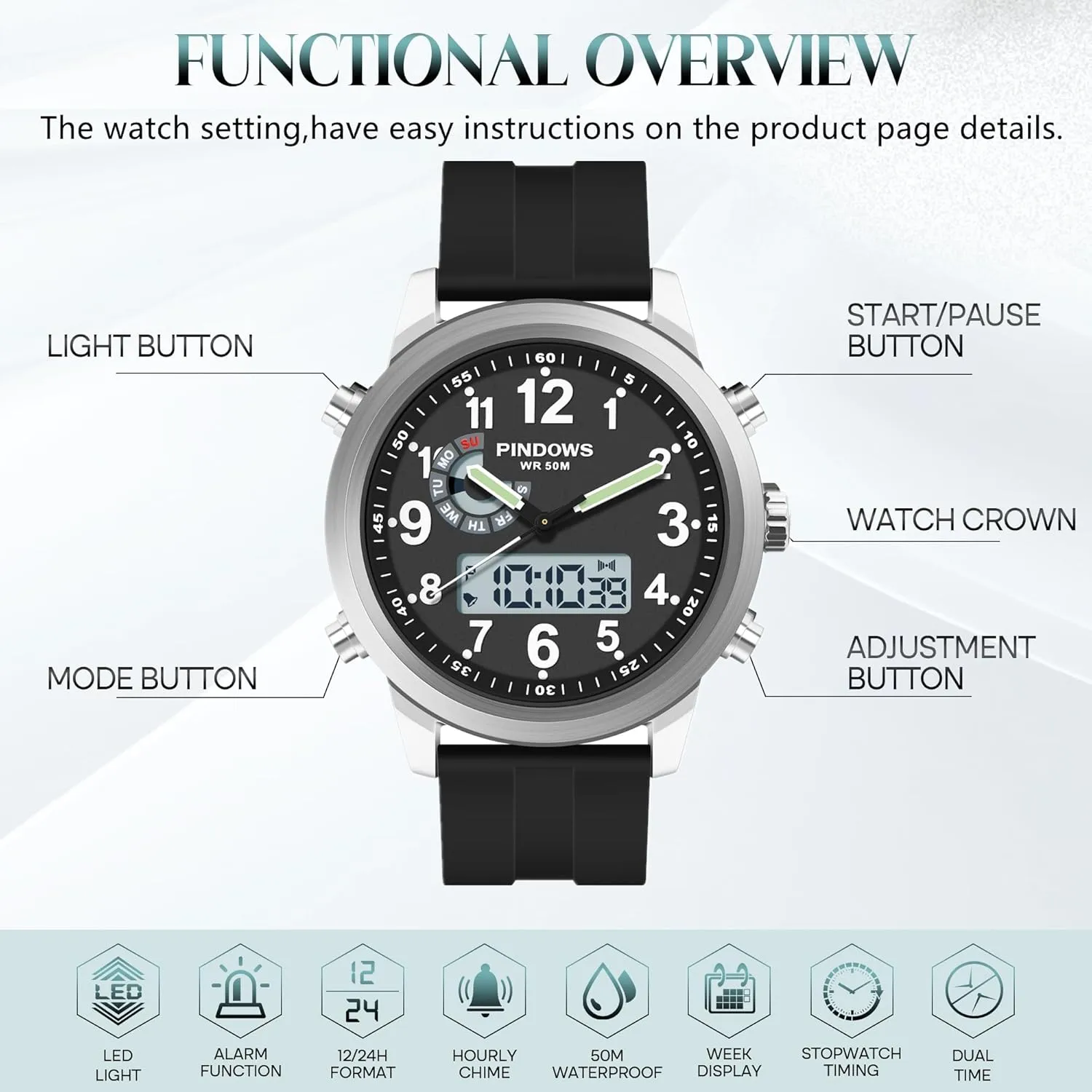 Men Watches for Men's Military Digital Watches Analog Quartz Waterproof Watch Sport Outdoor Multifunctional Stainless Steel Classic Stylish Fashion Casual Business Wristwatch