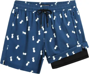 Mens 5" Swim Trunks with Compression Liner, Quick Dry Stretch Beach Shorts w/Zipper Pockets Board Shorts