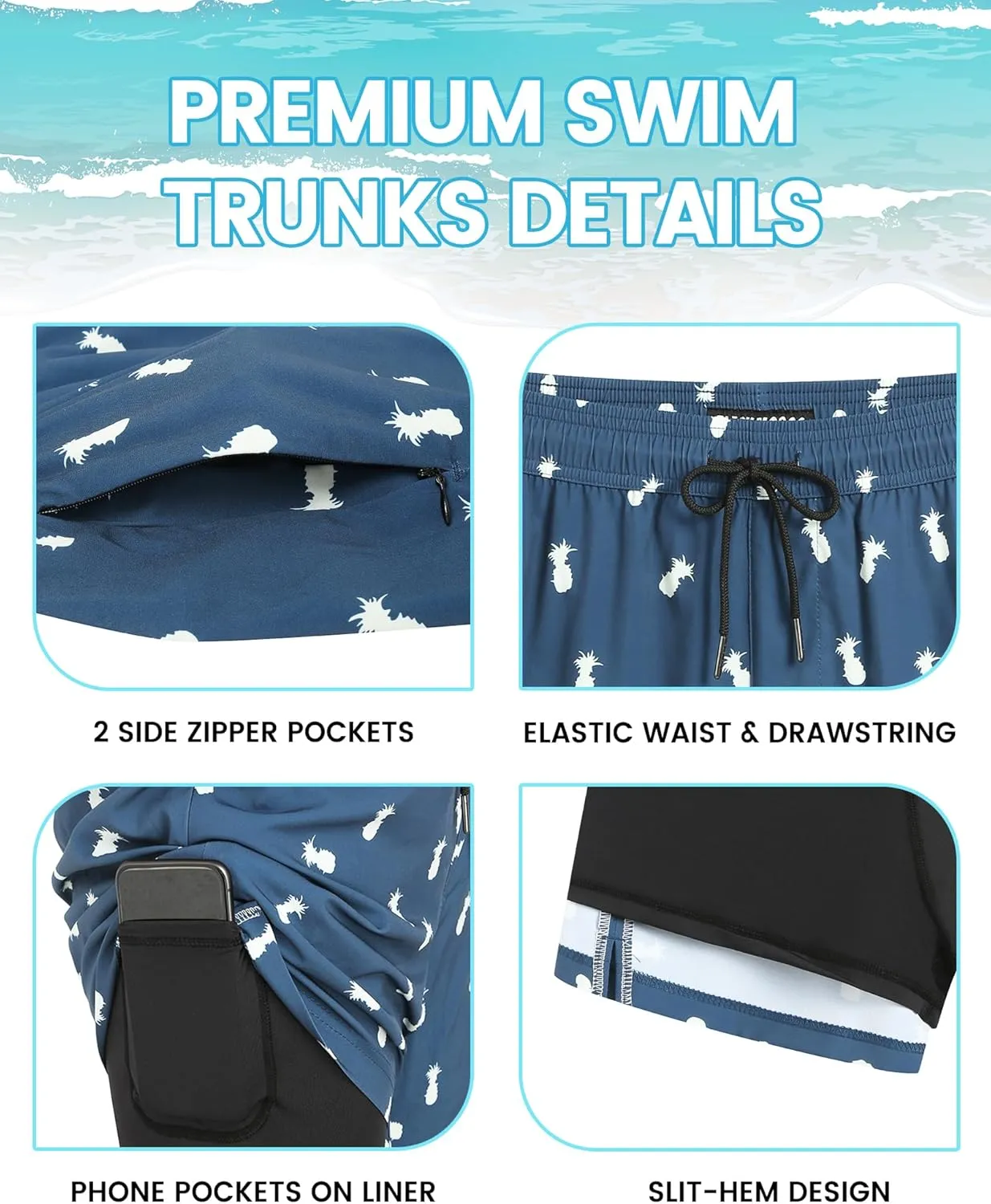 Mens 5" Swim Trunks with Compression Liner, Quick Dry Stretch Beach Shorts w/Zipper Pockets Board Shorts