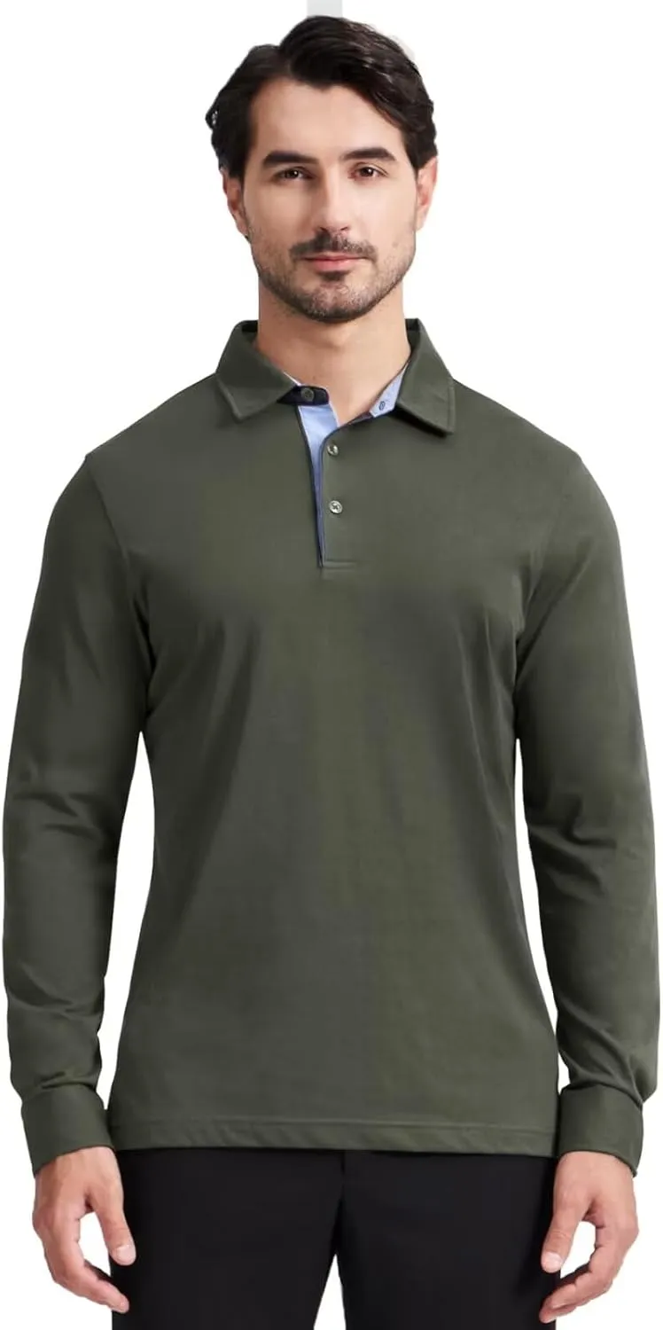Men's Business Long and Short Sleeve Polo Shirts Mercerized Cotton Blend Casual Stylish Collared Shirts