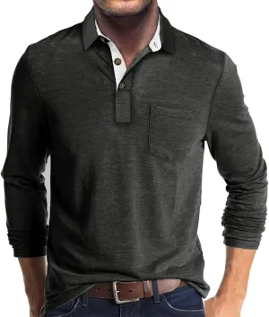Men's Casual Polo Shirts Classic Button Basic Long Sleeve Shirt Solid Color Cotton Tees Stylish Tops