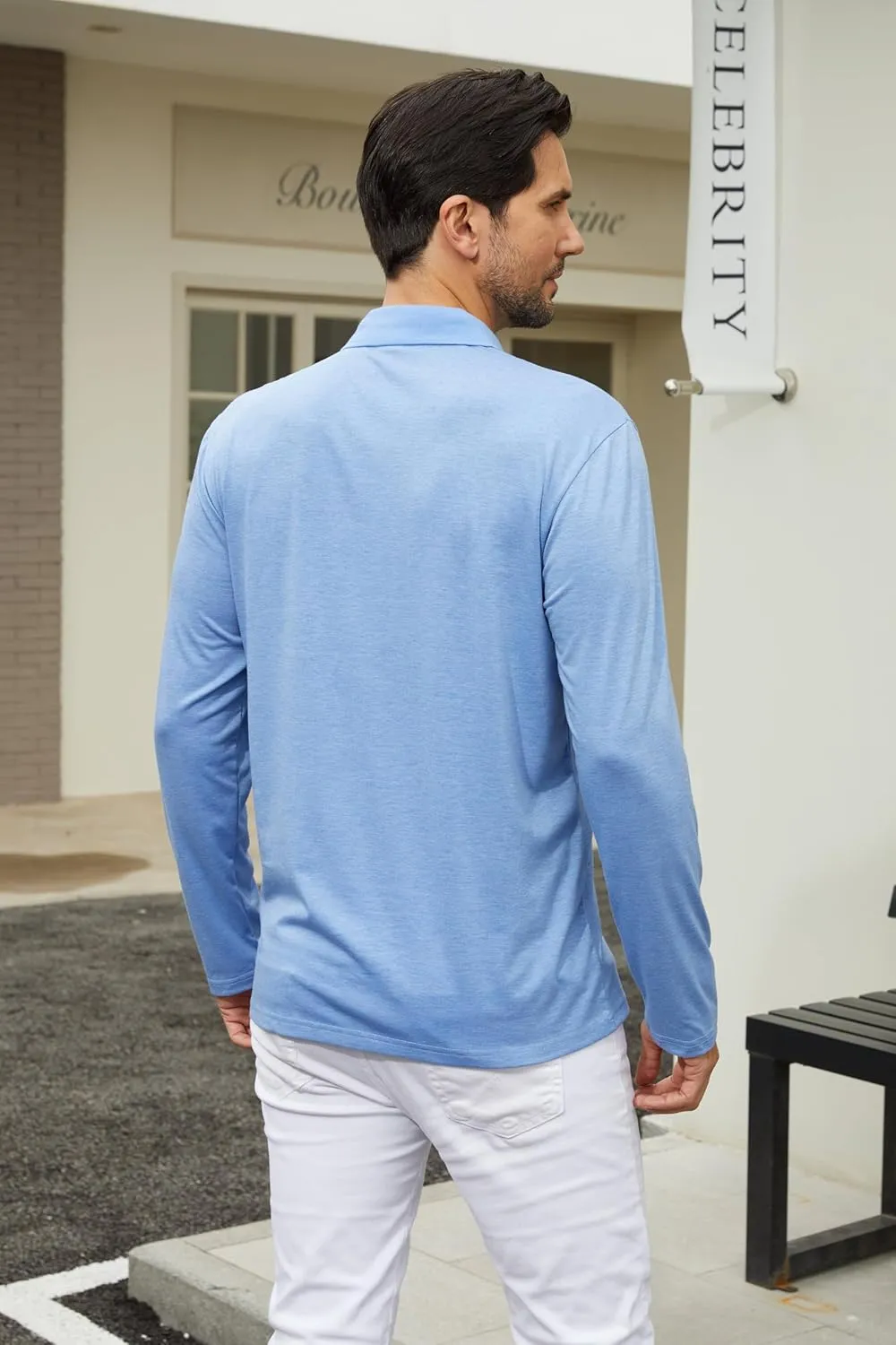 Men's Casual Polo Shirts Classic Button Basic Long Sleeve Shirt Solid Color Cotton Tees Stylish Tops