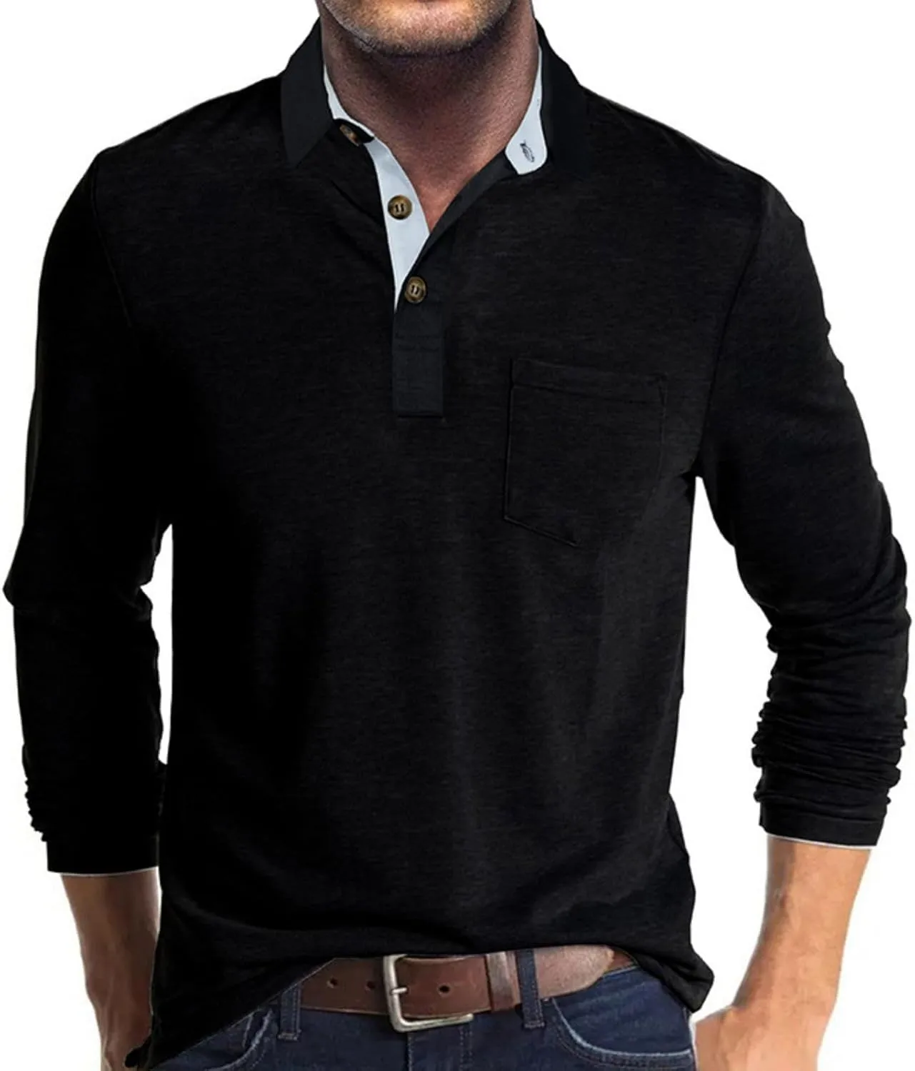 Men's Casual Polo Shirts Classic Button Basic Long Sleeve Shirt Solid Color Cotton Tees Stylish Tops