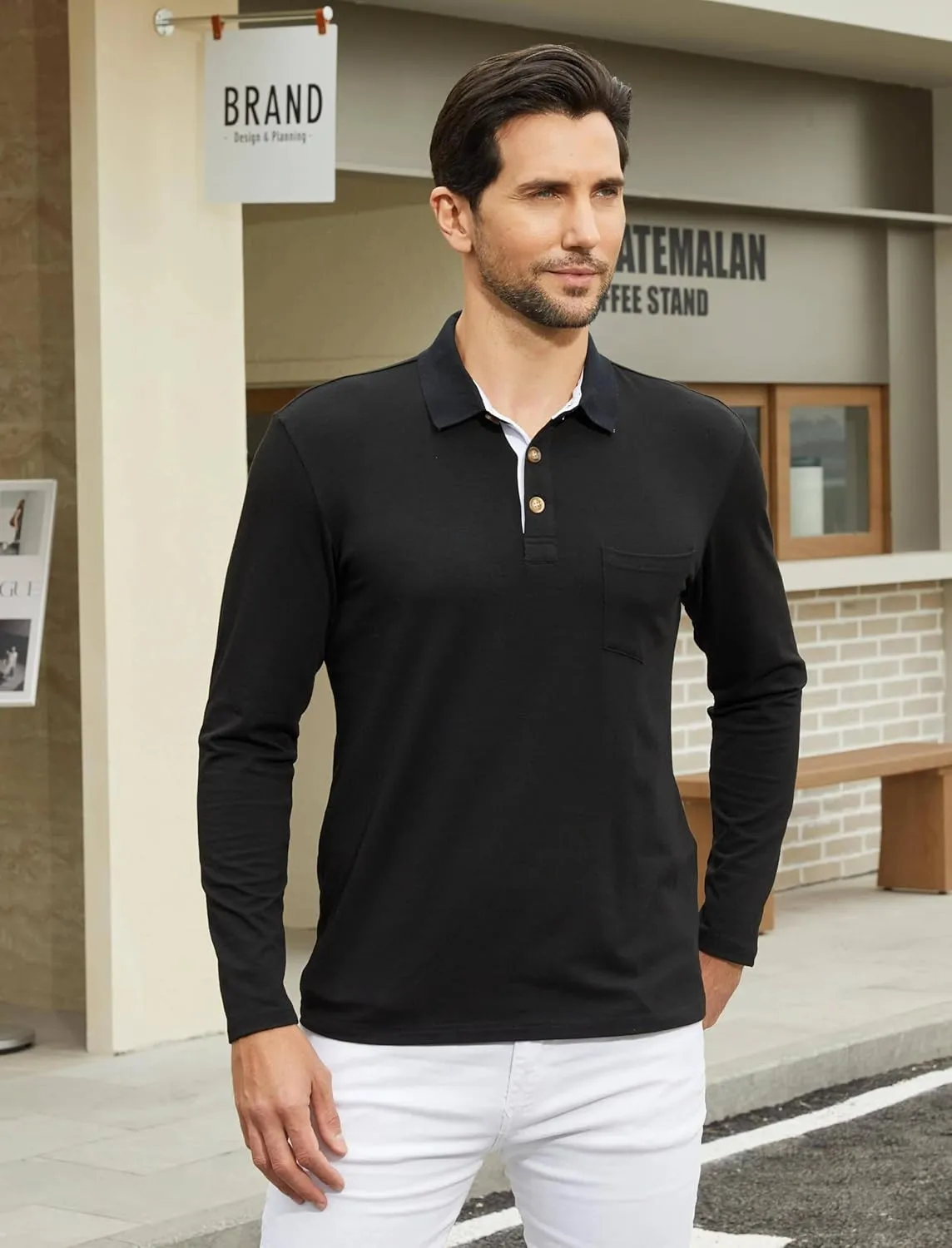 Men's Casual Polo Shirts Classic Button Basic Long Sleeve Shirt Solid Color Cotton Tees Stylish Tops
