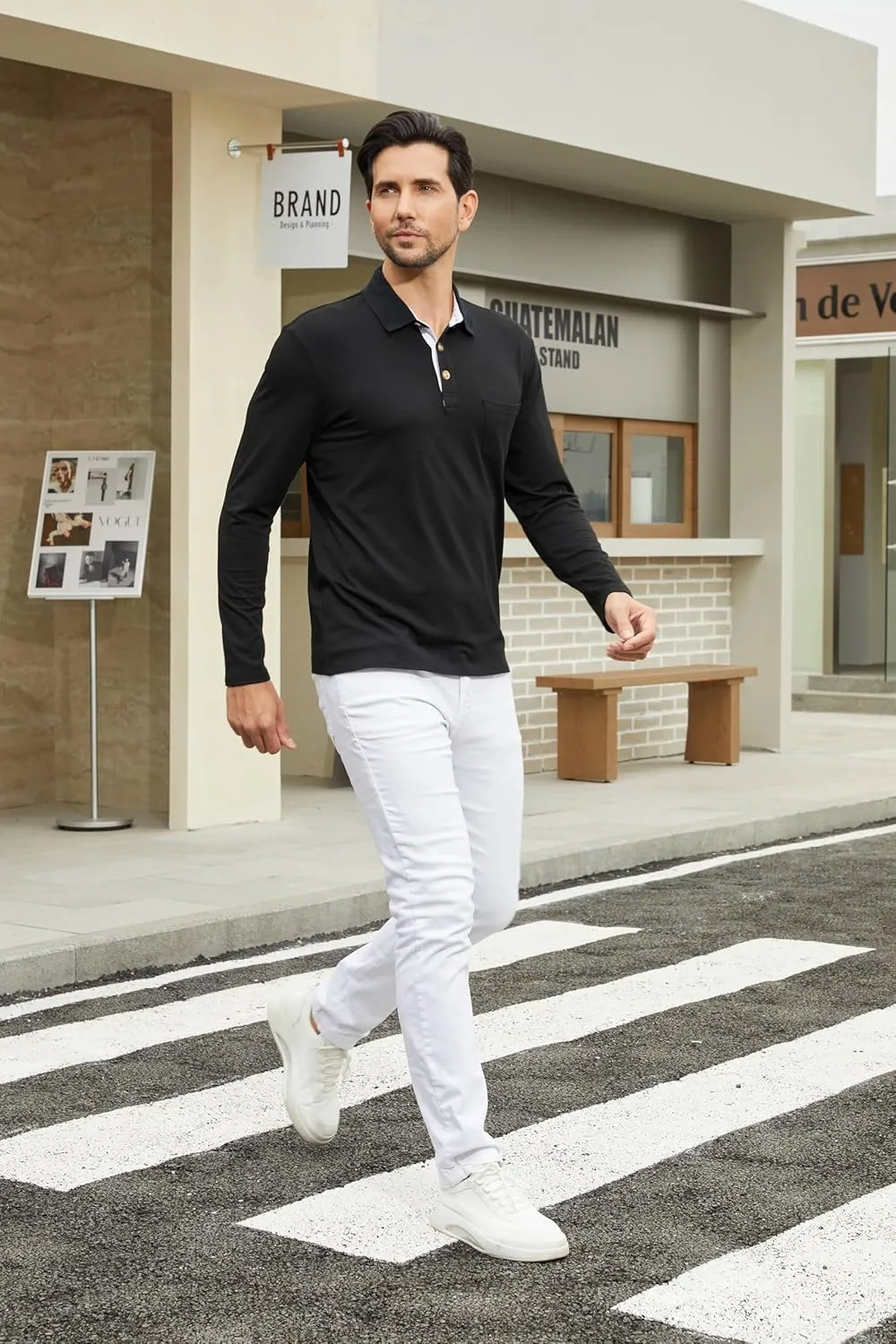Men's Casual Polo Shirts Classic Button Basic Long Sleeve Shirt Solid Color Cotton Tees Stylish Tops