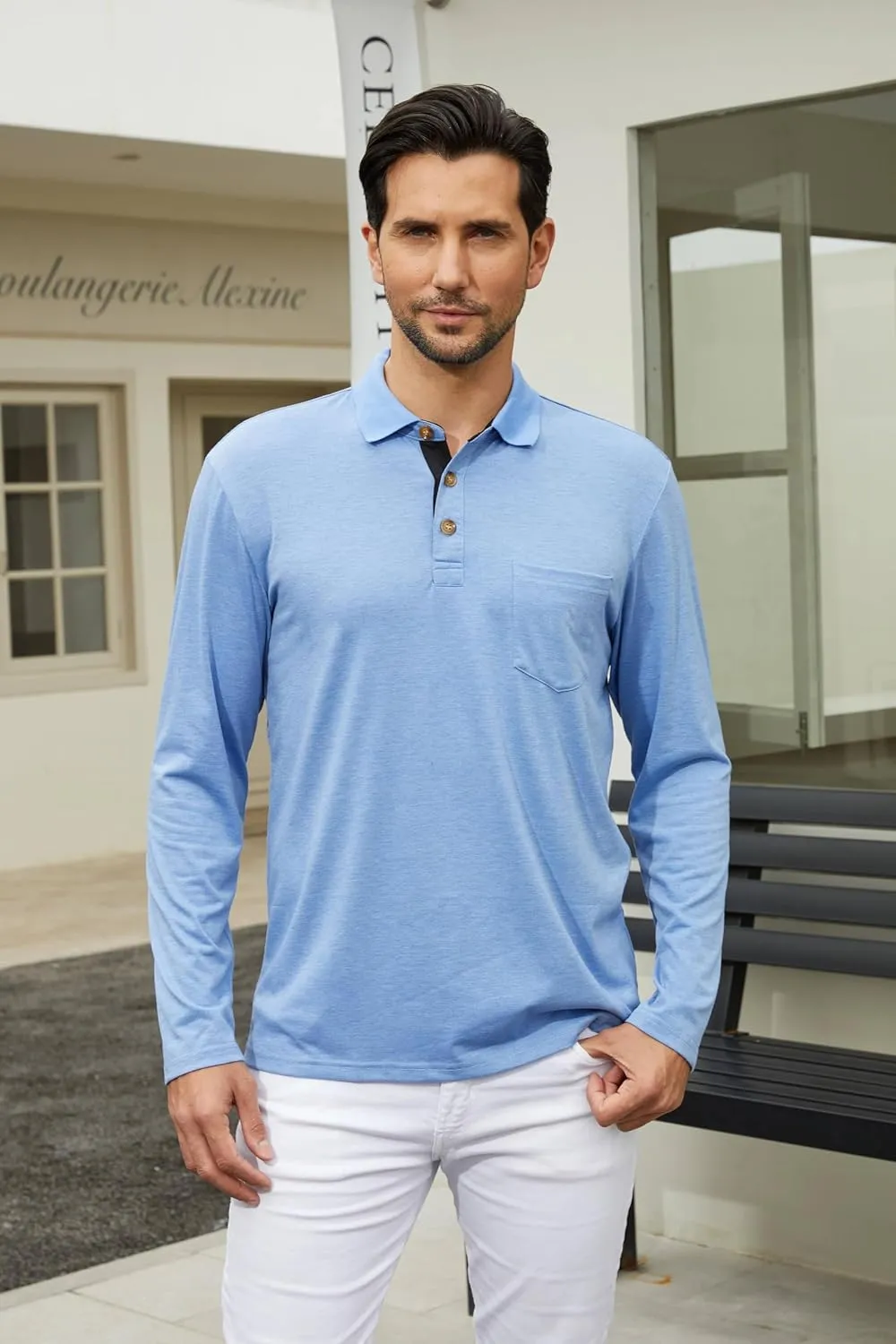 Men's Casual Polo Shirts Classic Button Basic Long Sleeve Shirt Solid Color Cotton Tees Stylish Tops