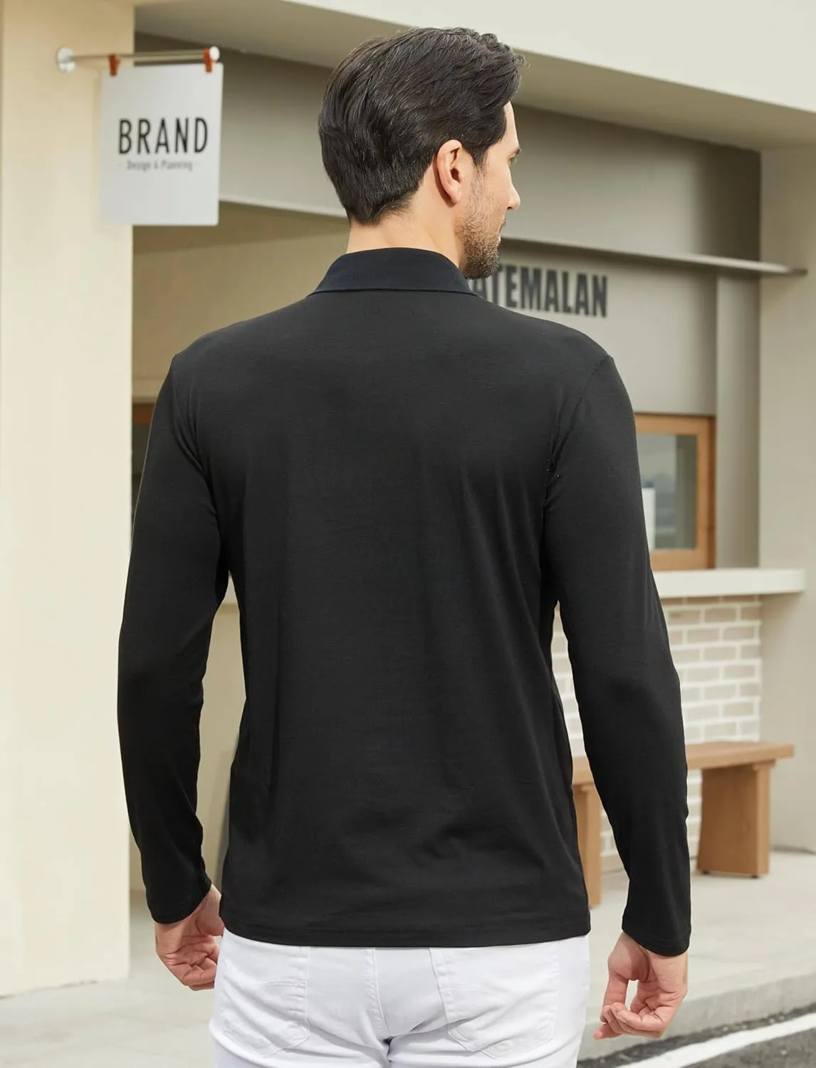 Men's Casual Polo Shirts Classic Button Basic Long Sleeve Shirt Solid Color Cotton Tees Stylish Tops