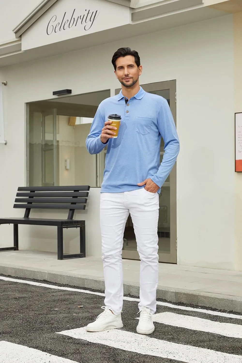 Men's Casual Polo Shirts Classic Button Basic Long Sleeve Shirt Solid Color Cotton Tees Stylish Tops