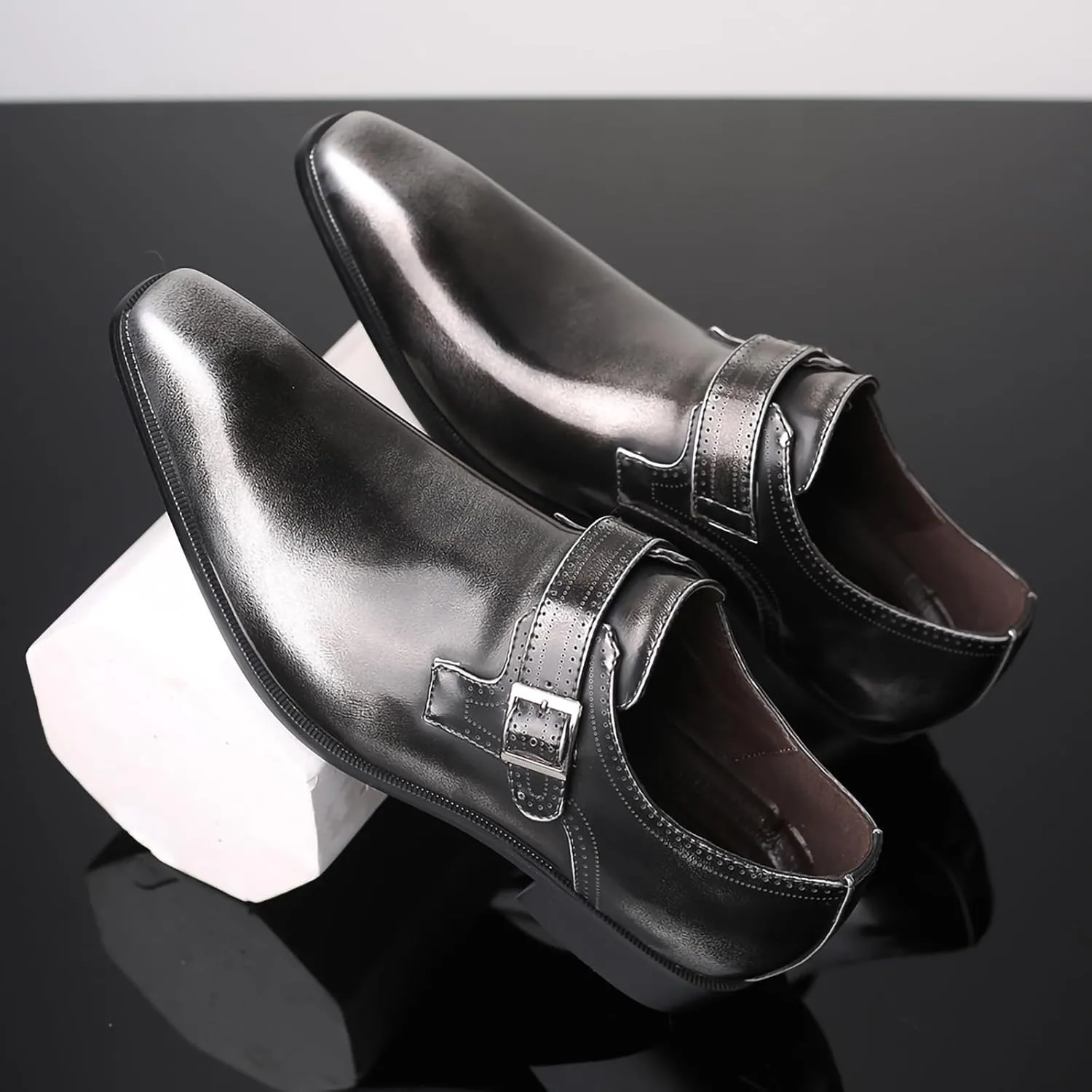 Men's Dress Cap Toe Shoes Monk Slip On Loafers Stylish and Comfort Patent PU Leather Business Low Casual Urban Commuting Shoes