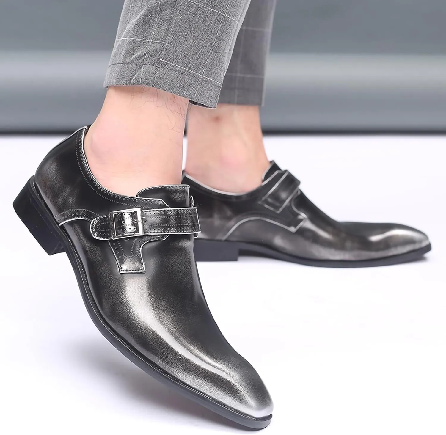 Men's Dress Cap Toe Shoes Monk Slip On Loafers Stylish and Comfort Patent PU Leather Business Low Casual Urban Commuting Shoes