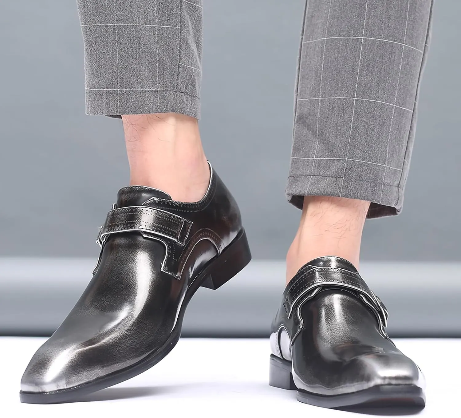 Men's Dress Cap Toe Shoes Monk Slip On Loafers Stylish and Comfort Patent PU Leather Business Low Casual Urban Commuting Shoes