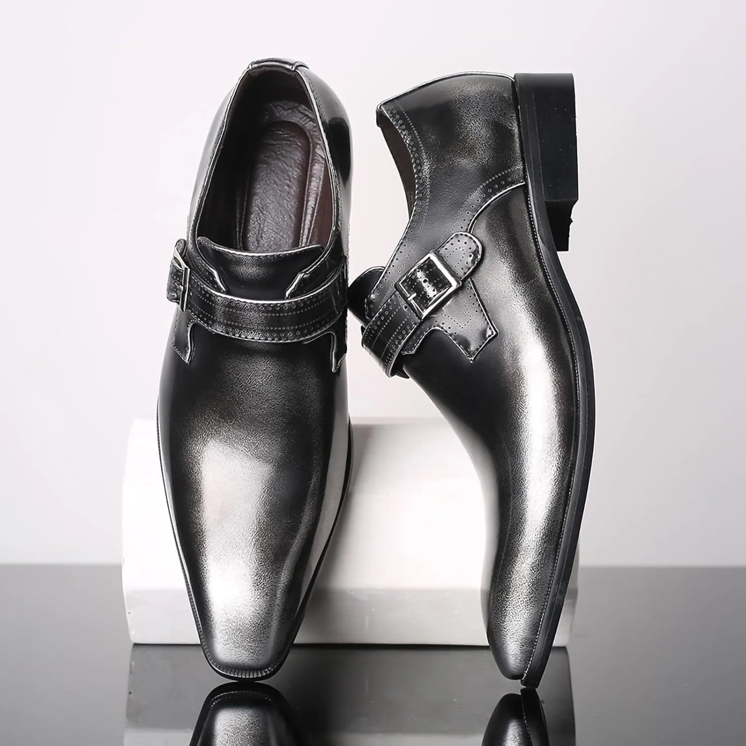 Men's Dress Cap Toe Shoes Monk Slip On Loafers Stylish and Comfort Patent PU Leather Business Low Casual Urban Commuting Shoes