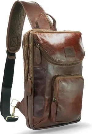 Men's Leather Sling Bag – Small Vintage Full Grain Crazy Horse Leather Crossbody Daypack for Travel, Hiking, and Work (Peanut Brown)