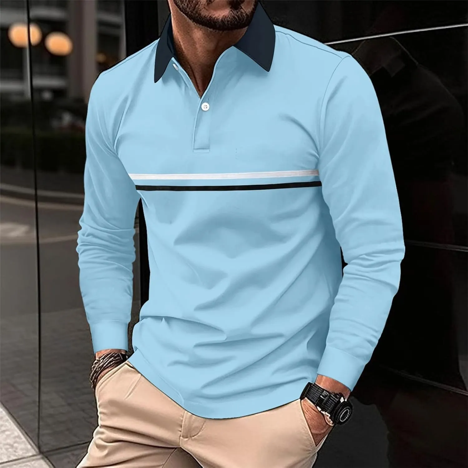Mens Polo Shirts Long Sleeve Casualgolf Solid Color Shirts Business Breathbale Dress Outdoor Stylish Tops