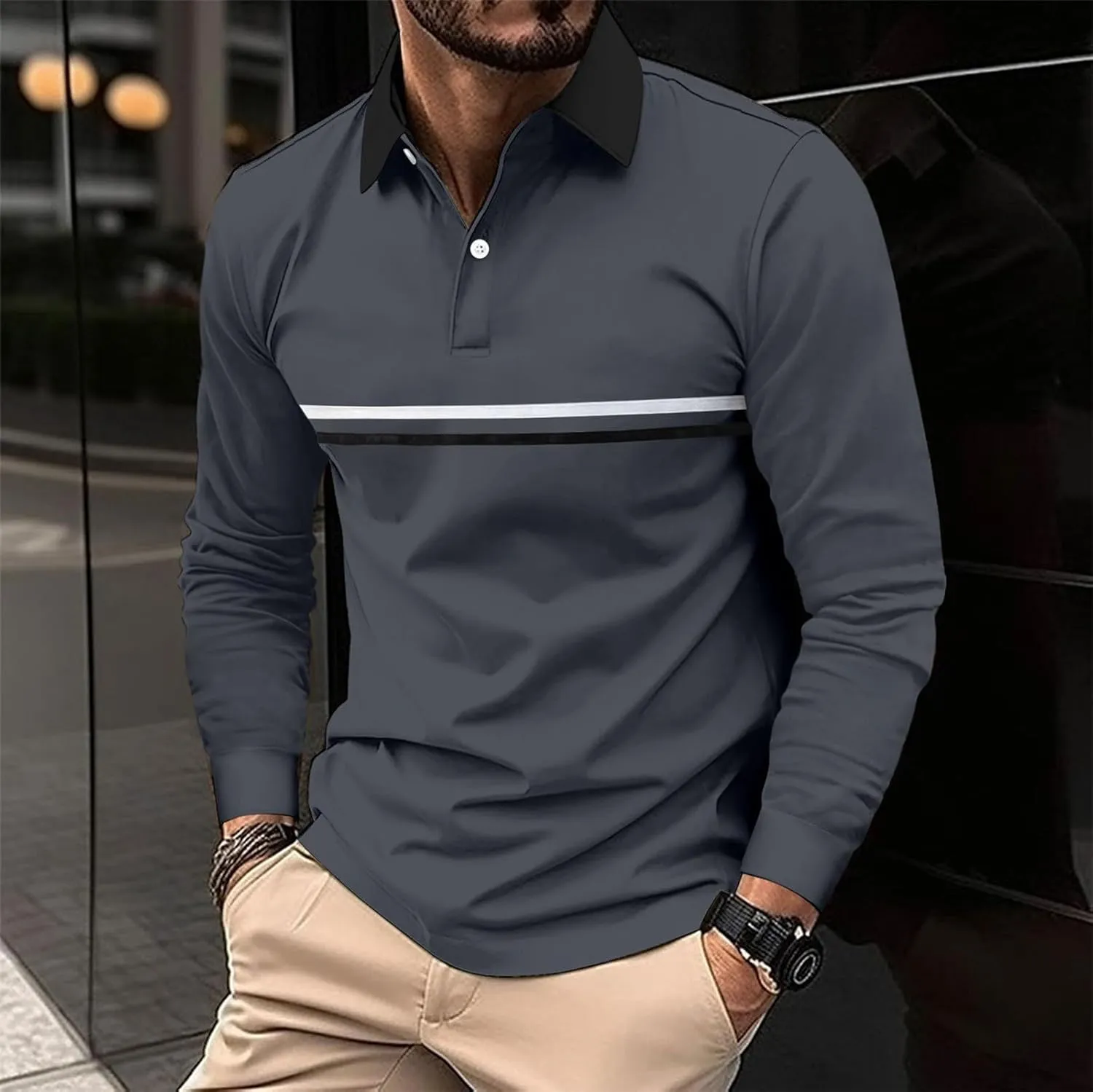 Mens Polo Shirts Long Sleeve Casualgolf Solid Color Shirts Business Breathbale Dress Outdoor Stylish Tops