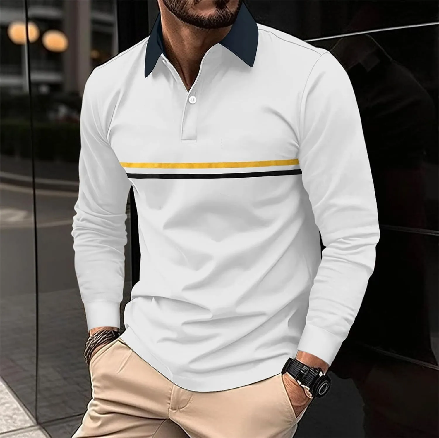 Mens Polo Shirts Long Sleeve Casualgolf Solid Color Shirts Business Breathbale Dress Outdoor Stylish Tops