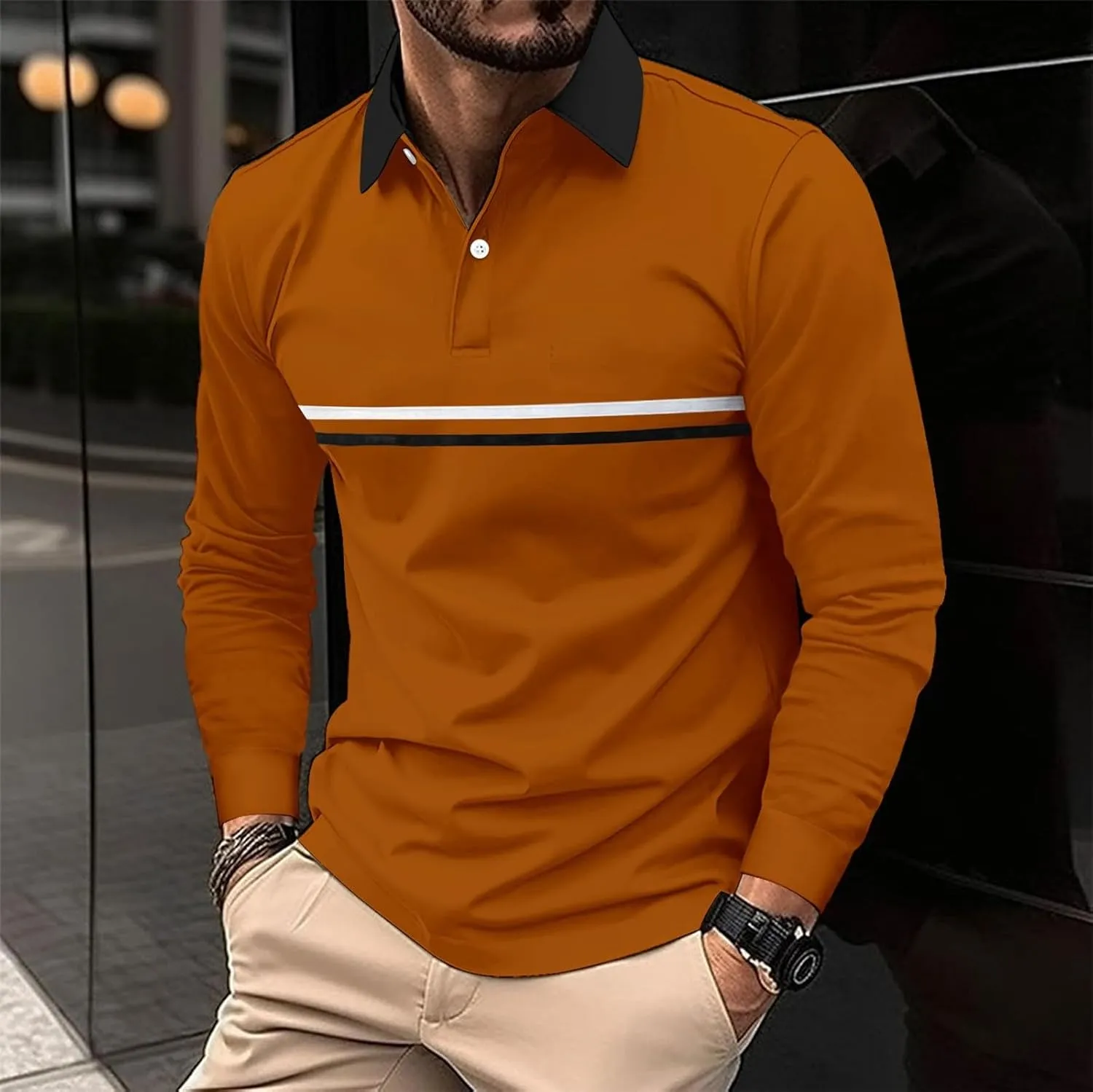 Mens Polo Shirts Long Sleeve Casualgolf Solid Color Shirts Business Breathbale Dress Outdoor Stylish Tops