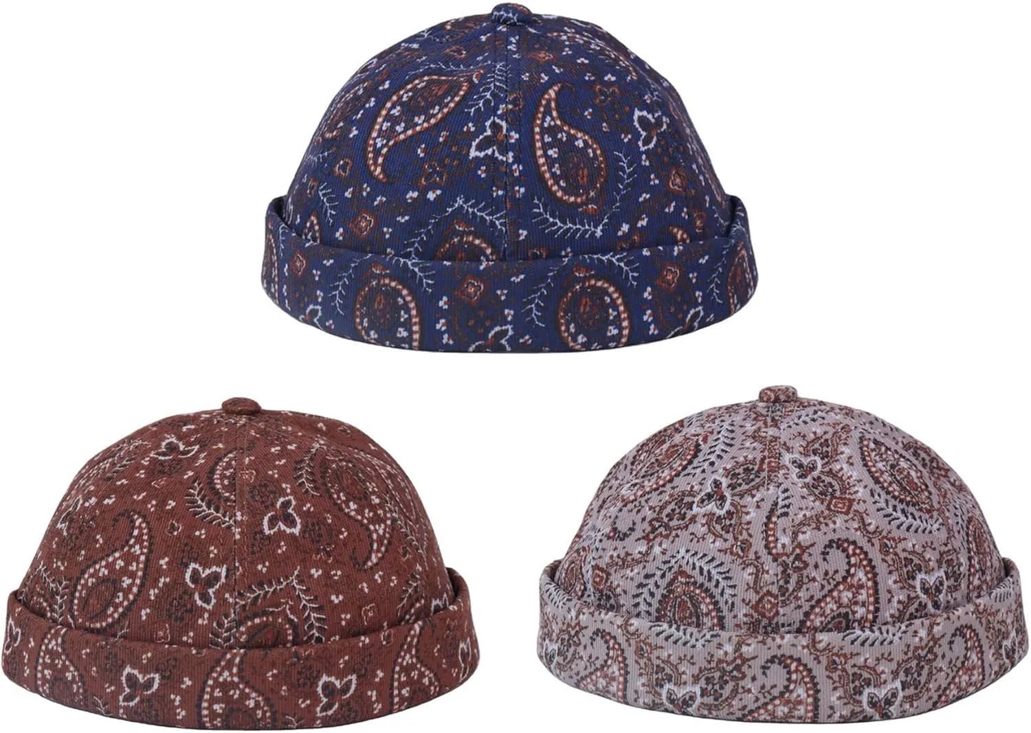 Mens Printed Docker Cap Hats Beanie Sailor Cap Hat Rolled Cuff Retro Brimless Hat