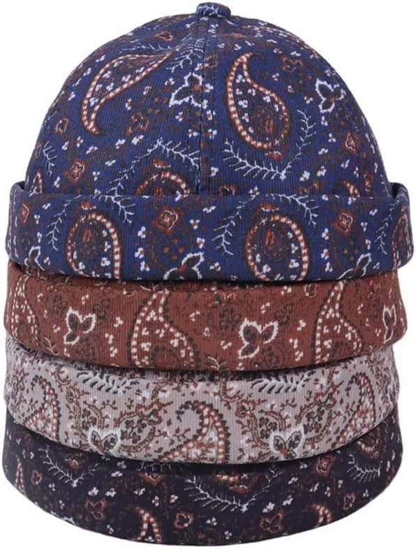 Mens Printed Docker Cap Hats Beanie Sailor Cap Hat Rolled Cuff Retro Brimless Hat