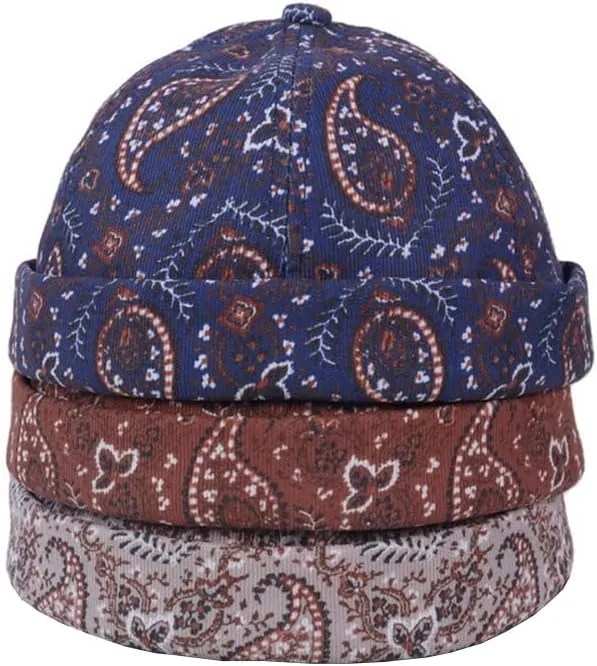 Mens Printed Docker Cap Hats Beanie Sailor Cap Hat Rolled Cuff Retro Brimless Hat