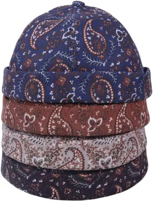 Mens Printed Docker Cap Hats Beanie Sailor Cap Hat Rolled Cuff Retro Brimless Hat