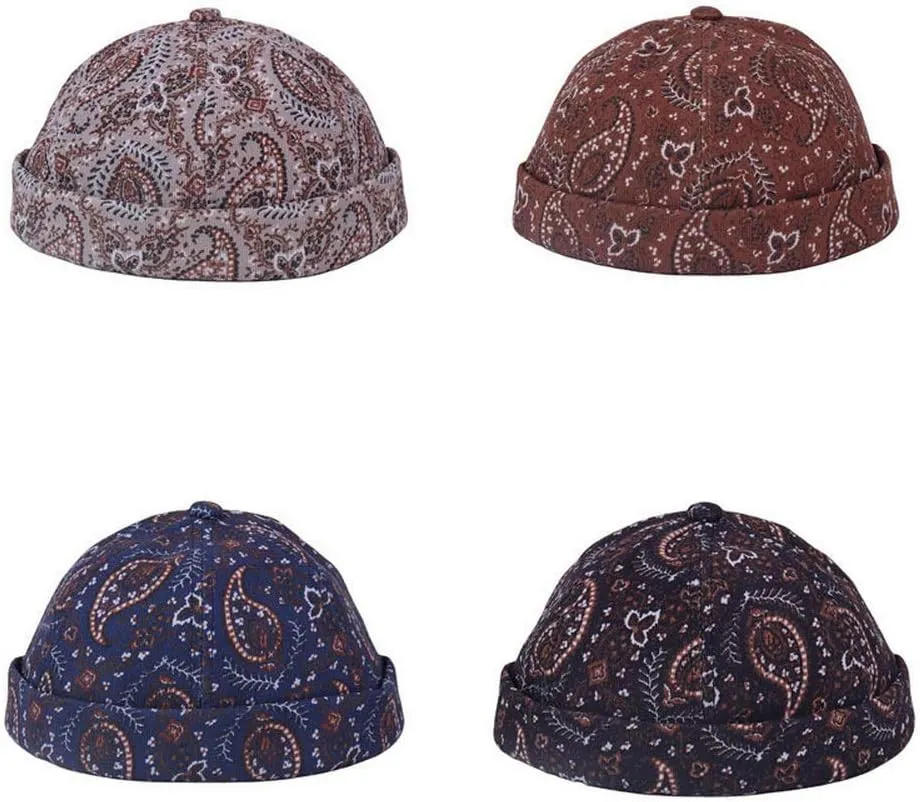 Mens Printed Docker Cap Hats Beanie Sailor Cap Hat Rolled Cuff Retro Brimless Hat