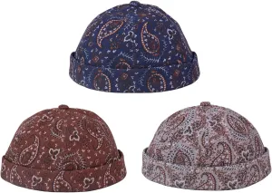 Mens Printed Docker Cap Hats Beanie Sailor Cap Hat Rolled Cuff Retro Brimless Hat