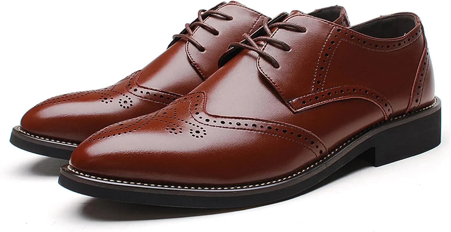 Men's Smart Pointed-Toe Dress Shoes Lace-up Formal Business Wedding Brogues