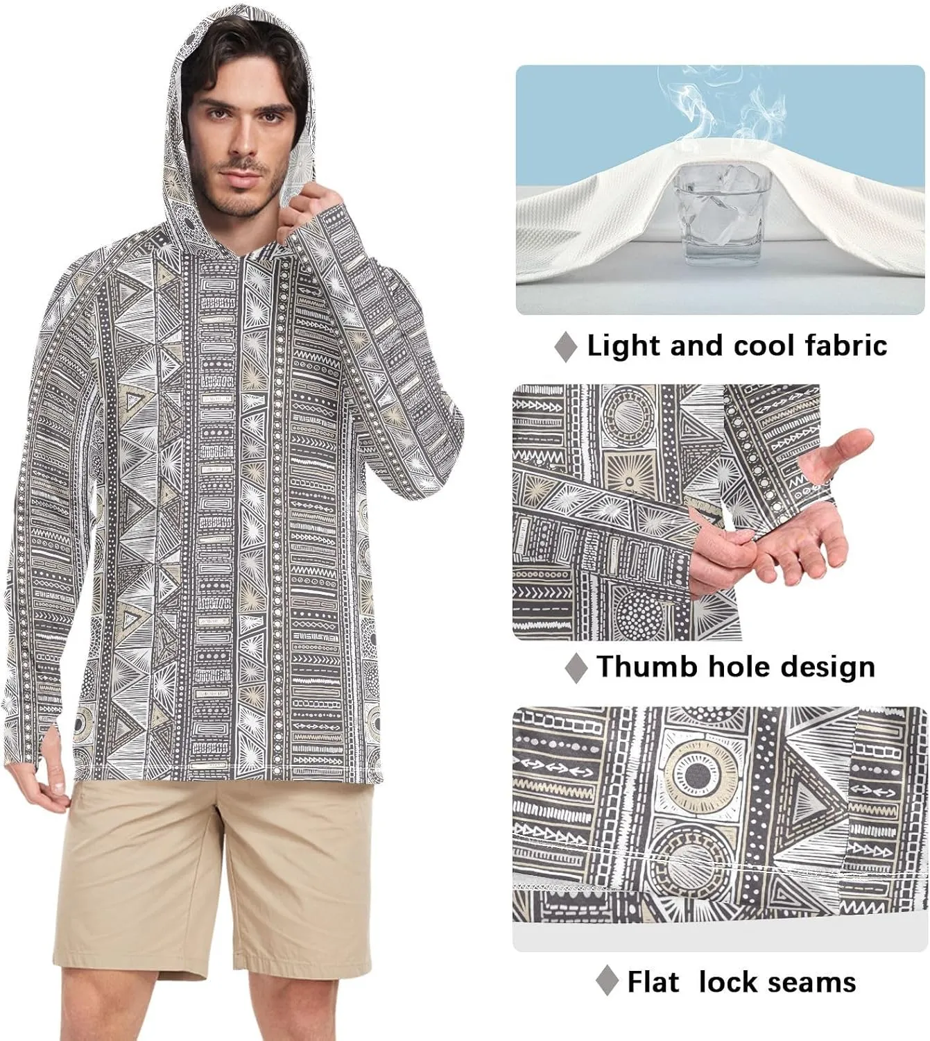 Mens Sun Hoodie Shirts UV Protection Long Sleeve Bohemian UPF 50   Sun Shirt with Hood Sunproof Shirts UV Rashguard