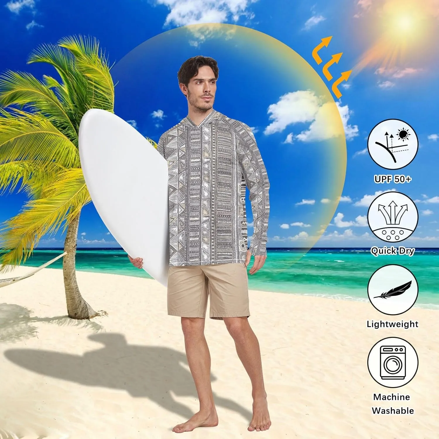 Mens Sun Hoodie Shirts UV Protection Long Sleeve Bohemian UPF 50   Sun Shirt with Hood Sunproof Shirts UV Rashguard