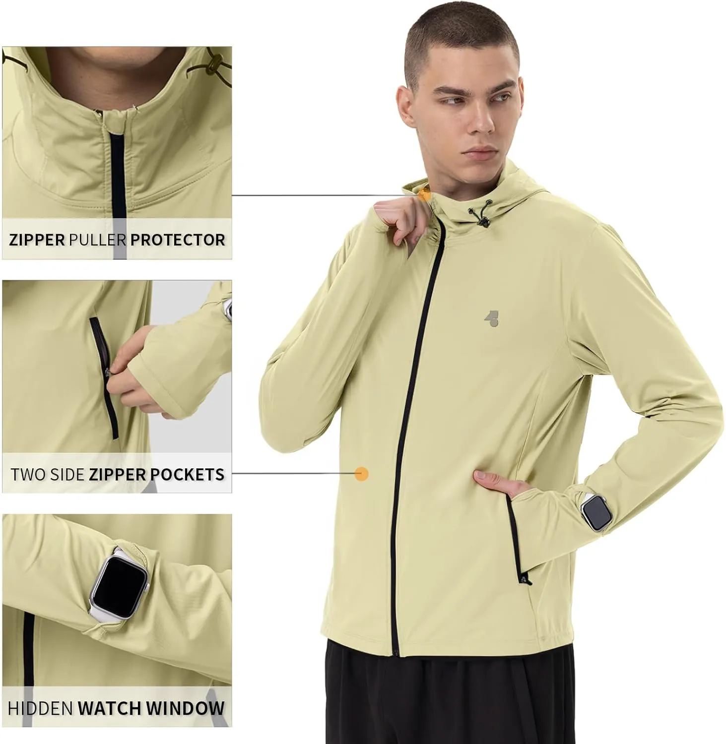 Mens Sun Jacket UPF 50  Hoodie Full Zip Uv Protection SPF Cooling Lightweight Thin Summer Athletic Track Jacket Thumb Holes