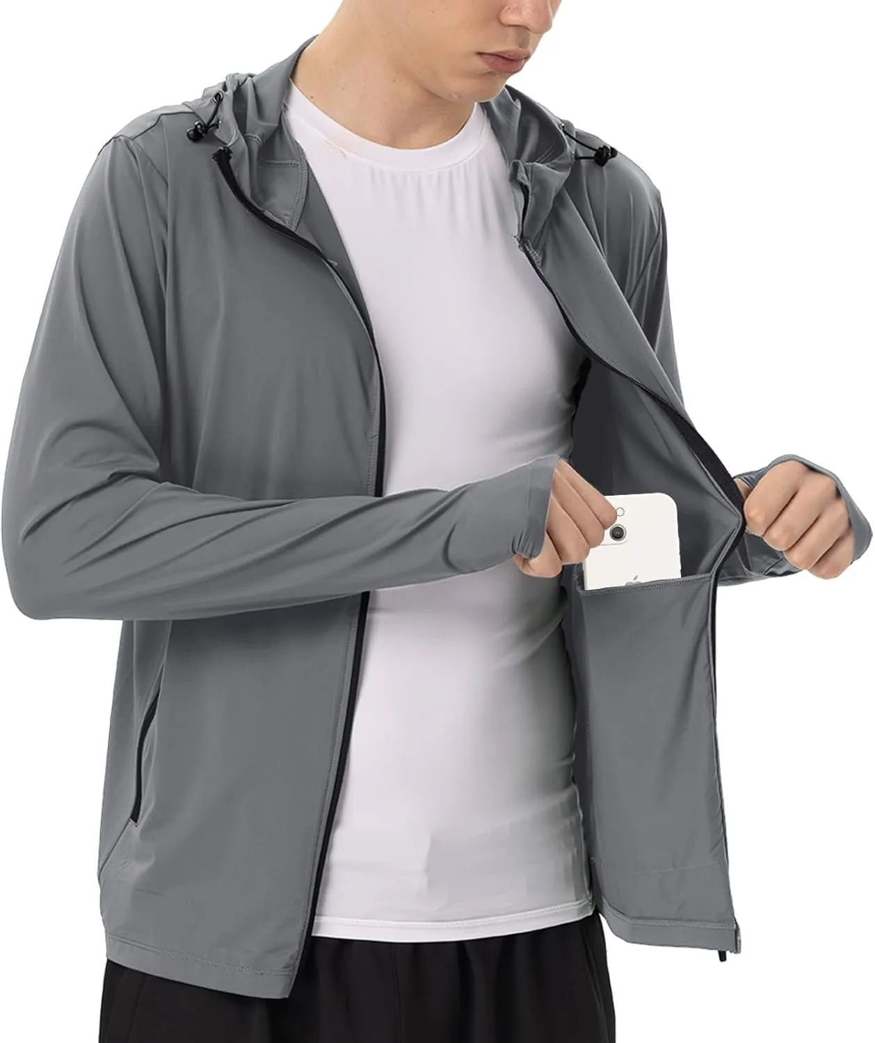 Mens Sun Jacket UPF 50  Hoodie Full Zip Uv Protection SPF Cooling Lightweight Thin Summer Athletic Track Jacket Thumb Holes
