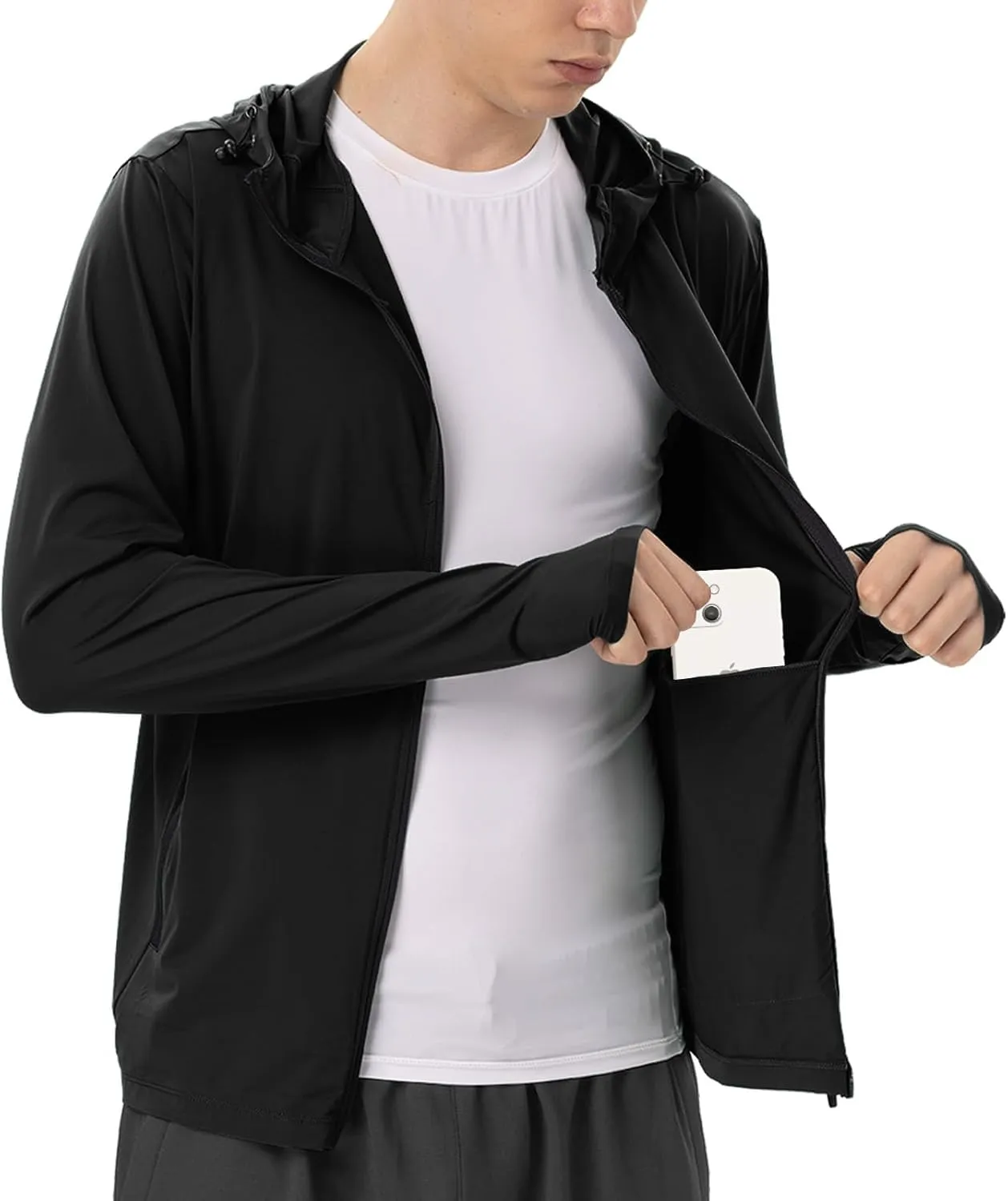 Mens Sun Jacket UPF 50  Hoodie Full Zip Uv Protection SPF Cooling Lightweight Thin Summer Athletic Track Jacket Thumb Holes